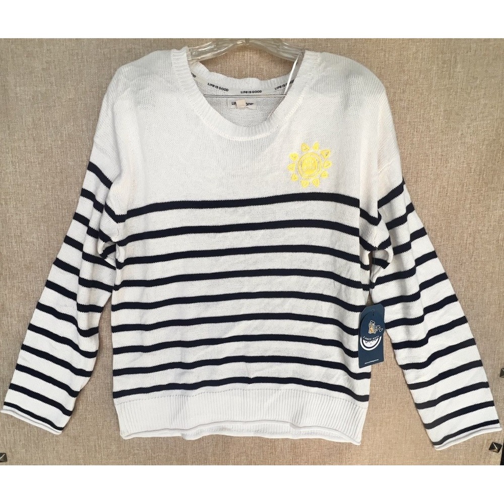 Life Is Good Pullover Sweater Size L Blue Ivory Stripe Embroidered Sun NWT